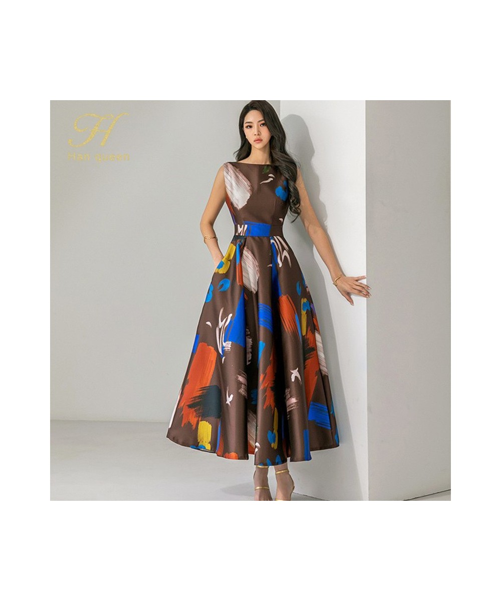 New Summer Dresses Korean Retro Sleeveless Printing Vestidos Fashion Slim Big Swing O-Neck Long Party Casual Dress $58.34 - D...