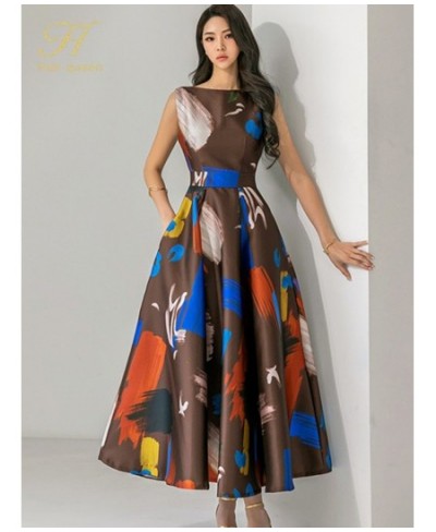 New Summer Dresses Korean Retro Sleeveless Printing Vestidos Fashion Slim Big Swing O-Neck Long Party Casual Dress $58.34 - D...