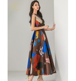 New Summer Dresses Korean Retro Sleeveless Printing Vestidos Fashion Slim Big Swing O-Neck Long Party Casual Dress $58.34 - D...