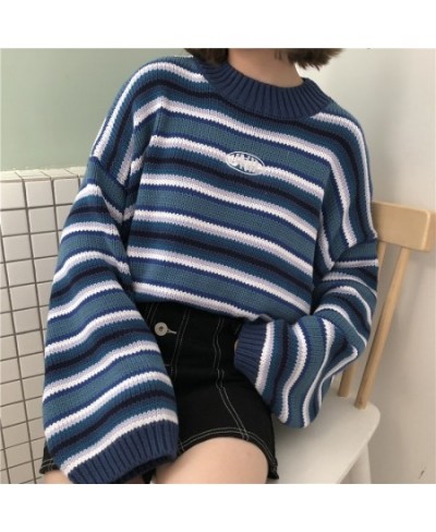 Sweater Blue & White Striped Oversized Jumper Embroidered Mock Neck Cropped Pullovers Harajuku Women's Sweaters / $39.23 - Sw...