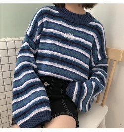 Sweater Blue & White Striped Oversized Jumper Embroidered Mock Neck Cropped Pullovers Harajuku Women's Sweaters / $39.23 - Sw...