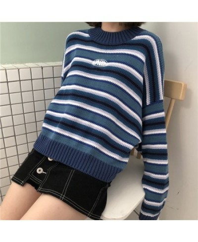 Sweater Blue & White Striped Oversized Jumper Embroidered Mock Neck Cropped Pullovers Harajuku Women's Sweaters / $39.23 - Sw...