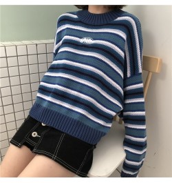 Sweater Blue & White Striped Oversized Jumper Embroidered Mock Neck Cropped Pullovers Harajuku Women's Sweaters / $39.23 - Sw...