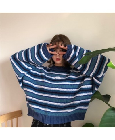 Sweater Blue & White Striped Oversized Jumper Embroidered Mock Neck Cropped Pullovers Harajuku Women's Sweaters / $39.23 - Sw...