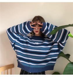 Sweater Blue & White Striped Oversized Jumper Embroidered Mock Neck Cropped Pullovers Harajuku Women's Sweaters / $39.23 - Sw...