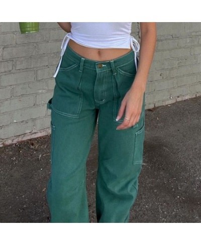 American retro tooling pocket jeans women's high waist thin and high personality trend all-match straight pants $76.82 - Jeans