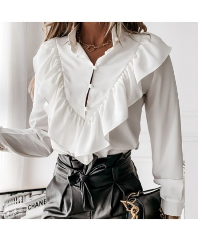 Casual Solid Color Button Ladies Office Tops Long Sleeve Ruffle Blouse Shirt 2023 Autumn Women Dots White Black Shirt Blouse ...