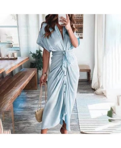 Women Summer Elegant Button Ruched Bandage Shirt Dress Fashion Casual Short Sleeve Solid V Neck Beach Maxi Dress $33.83 - Dre...