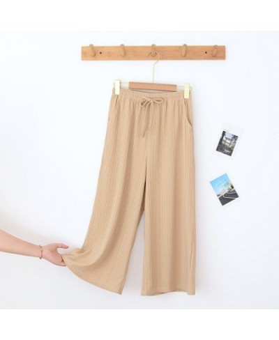 Women Threaded Wide-leg Pants Summer Knitted Solid Sleep Bottoms Plus Size Pajamas Calf-Length Pants Loungewear Thin Sleepwea...