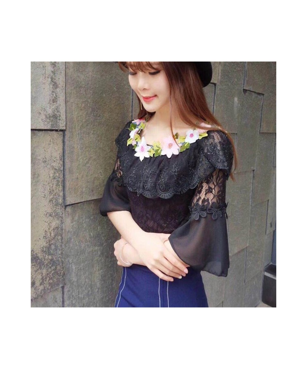 2023 Women Summer Mesh Shirt Sweet Floral Lace Blouse Female Slash Neck Short Sleeve Blouses Blusas Bottoming Short Tops AB84...