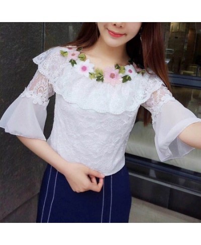 2023 Women Summer Mesh Shirt Sweet Floral Lace Blouse Female Slash Neck Short Sleeve Blouses Blusas Bottoming Short Tops AB84...