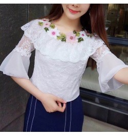 2023 Women Summer Mesh Shirt Sweet Floral Lace Blouse Female Slash Neck Short Sleeve Blouses Blusas Bottoming Short Tops AB84...