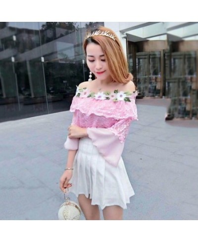 2023 Women Summer Mesh Shirt Sweet Floral Lace Blouse Female Slash Neck Short Sleeve Blouses Blusas Bottoming Short Tops AB84...