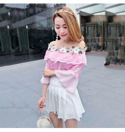 2023 Women Summer Mesh Shirt Sweet Floral Lace Blouse Female Slash Neck Short Sleeve Blouses Blusas Bottoming Short Tops AB84...