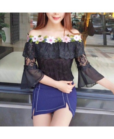 2023 Women Summer Mesh Shirt Sweet Floral Lace Blouse Female Slash Neck Short Sleeve Blouses Blusas Bottoming Short Tops AB84...