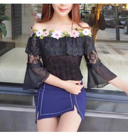 2023 Women Summer Mesh Shirt Sweet Floral Lace Blouse Female Slash Neck Short Sleeve Blouses Blusas Bottoming Short Tops AB84...