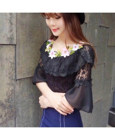 2023 Women Summer Mesh Shirt Sweet Floral Lace Blouse Female Slash Neck Short Sleeve Blouses Blusas Bottoming Short Tops AB84...