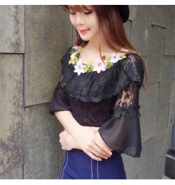 2023 Women Summer Mesh Shirt Sweet Floral Lace Blouse Female Slash Neck Short Sleeve Blouses Blusas Bottoming Short Tops AB84...