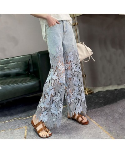 Faldas mujer moda 2023 Summer new style women's korean fashion Lace High Waist hollow out patchwork Straight Pants jeans wide...