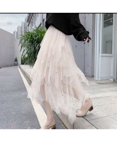 Women's Skirt Women's Pleated Skirt Spring and Summer Star Net Gauze Skirt Sequins Starry Sky High Waist Irregular $42.05 - S...