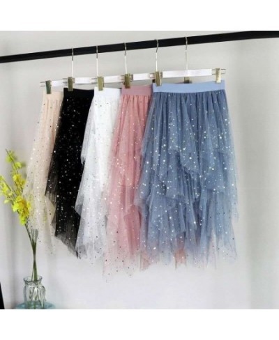 Women's Skirt Women's Pleated Skirt Spring and Summer Star Net Gauze Skirt Sequins Starry Sky High Waist Irregular $42.05 - S...