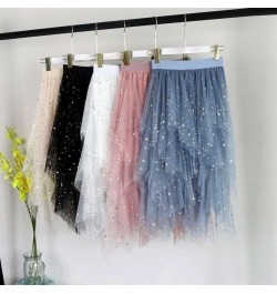 Women's Skirt Women's Pleated Skirt Spring and Summer Star Net Gauze Skirt Sequins Starry Sky High Waist Irregular $42.05 - S...