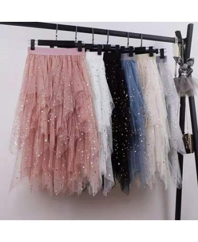 Women's Skirt Women's Pleated Skirt Spring and Summer Star Net Gauze Skirt Sequins Starry Sky High Waist Irregular $42.05 - S...