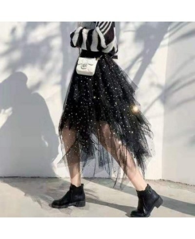 Women's Skirt Women's Pleated Skirt Spring and Summer Star Net Gauze Skirt Sequins Starry Sky High Waist Irregular $42.05 - S...