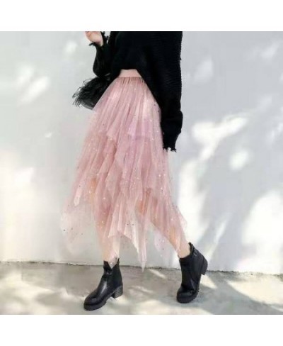 Women's Skirt Women's Pleated Skirt Spring and Summer Star Net Gauze Skirt Sequins Starry Sky High Waist Irregular $42.05 - S...