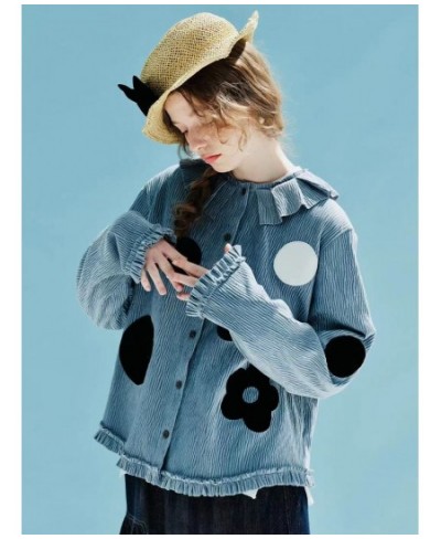 Spring 2023 Original Pullover Printed Polka Dot Thick velvet pressed ruffle collar Shirt Long sleeve blue shirt 234014 $105.2...