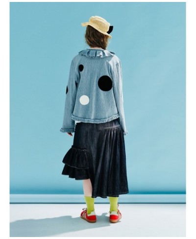 Spring 2023 Original Pullover Printed Polka Dot Thick velvet pressed ruffle collar Shirt Long sleeve blue shirt 234014 $105.2...