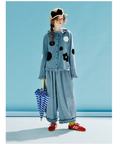 Spring 2023 Original Pullover Printed Polka Dot Thick velvet pressed ruffle collar Shirt Long sleeve blue shirt 234014 $105.2...