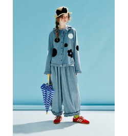 Spring 2023 Original Pullover Printed Polka Dot Thick velvet pressed ruffle collar Shirt Long sleeve blue shirt 234014 $105.2...