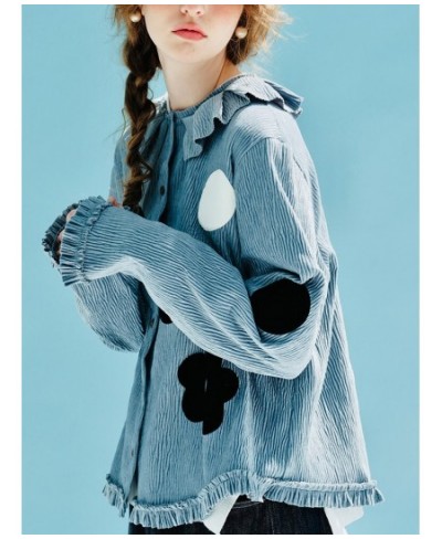 Spring 2023 Original Pullover Printed Polka Dot Thick velvet pressed ruffle collar Shirt Long sleeve blue shirt 234014 $105.2...