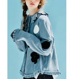 Spring 2023 Original Pullover Printed Polka Dot Thick velvet pressed ruffle collar Shirt Long sleeve blue shirt 234014 $105.2...