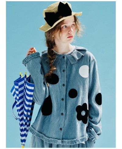 Spring 2023 Original Pullover Printed Polka Dot Thick velvet pressed ruffle collar Shirt Long sleeve blue shirt 234014 $105.2...