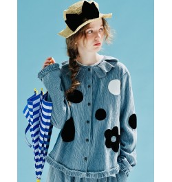 Spring 2023 Original Pullover Printed Polka Dot Thick velvet pressed ruffle collar Shirt Long sleeve blue shirt 234014 $105.2...