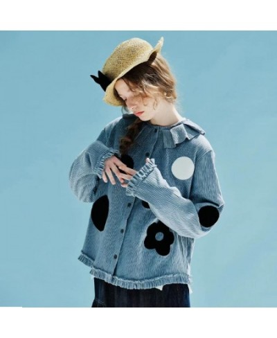 Spring 2023 Original Pullover Printed Polka Dot Thick velvet pressed ruffle collar Shirt Long sleeve blue shirt 234014 $105.2...