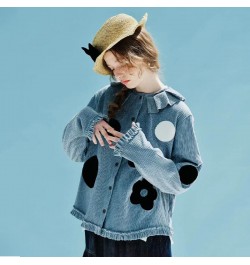 Spring 2023 Original Pullover Printed Polka Dot Thick velvet pressed ruffle collar Shirt Long sleeve blue shirt 234014 $105.2...