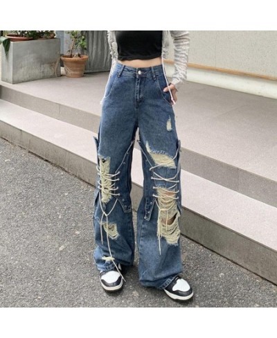 Grunge Hip Hop Jeans Womens Spring Autumn High Waist Hole Bandage Denim Pants Female Loose Streetwear Straight Wide Leg $45.9...