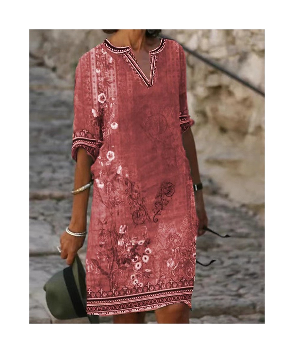 2023 Woman Summer Beach Dress Vintage Elegant Floral Printed Dress Casual Loose Ethnic Style V Neck Party Dresses For Female ...