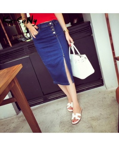 Women Pencil Skirt Midi Jeans Strech 2002 Summer High Waisted Denim Skirts Women Summer Jeans Midi Skirt Buttons Denim Skirts...