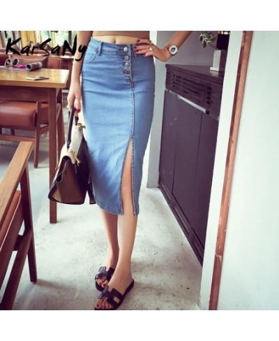 Women Pencil Skirt Midi Jeans Strech 2002 Summer High Waisted Denim Skirts Women Summer Jeans Midi Skirt Buttons Denim Skirts...