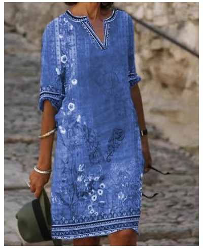 2023 Woman Summer Beach Dress Vintage Elegant Floral Printed Dress Casual Loose Ethnic Style V Neck Party Dresses For Female ...