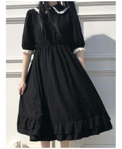 Black Kawaii Dress Women Summer Short Sleeve Doll Collar Ruffles Pleated Dress Japanese Harajuku Casual Loose Midi Dress $26....