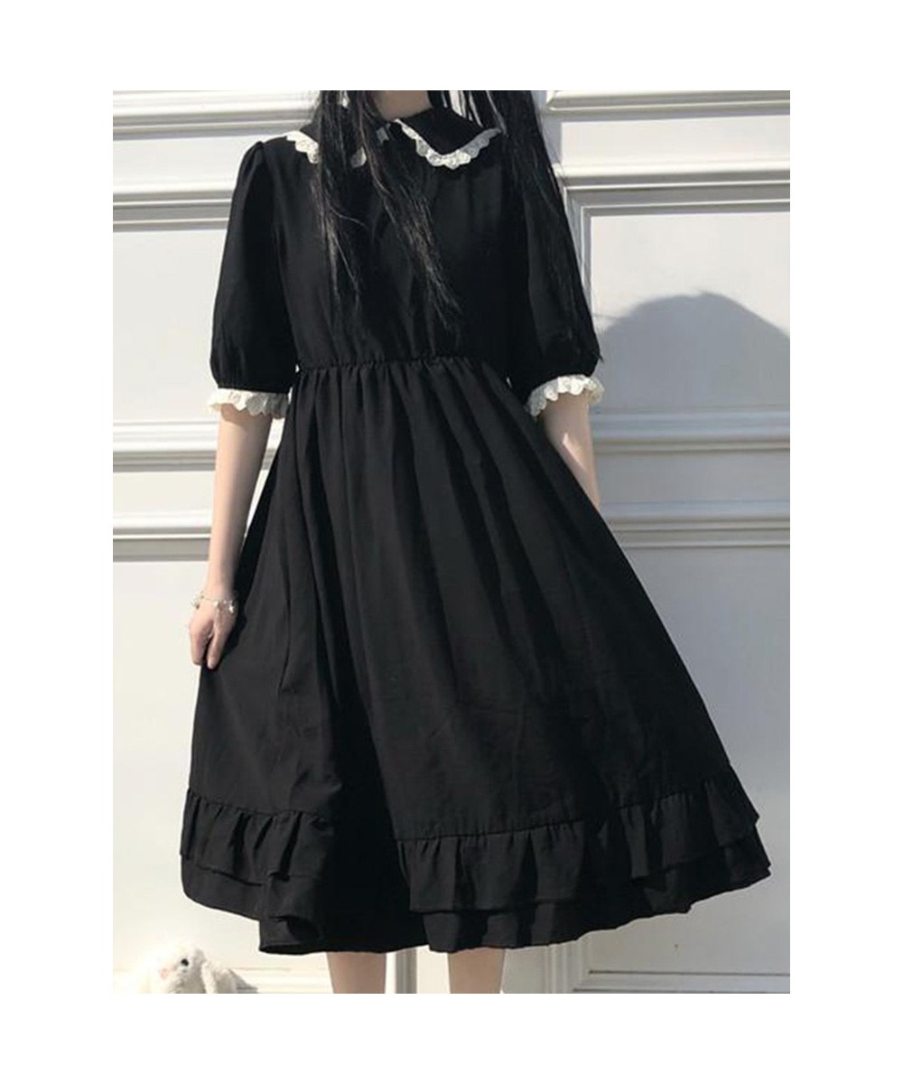 Black Kawaii Dress Women Summer Short Sleeve Doll Collar Ruffles Pleated Dress Japanese Harajuku Casual Loose Midi Dress $26....