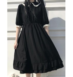 Black Kawaii Dress Women Summer Short Sleeve Doll Collar Ruffles Pleated Dress Japanese Harajuku Casual Loose Midi Dress $26....