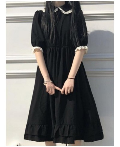 Black Kawaii Dress Women Summer Short Sleeve Doll Collar Ruffles Pleated Dress Japanese Harajuku Casual Loose Midi Dress $26....