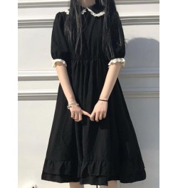 Black Kawaii Dress Women Summer Short Sleeve Doll Collar Ruffles Pleated Dress Japanese Harajuku Casual Loose Midi Dress $26....