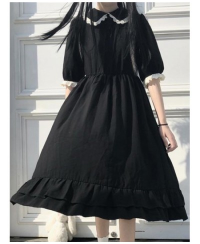 Black Kawaii Dress Women Summer Short Sleeve Doll Collar Ruffles Pleated Dress Japanese Harajuku Casual Loose Midi Dress $26....